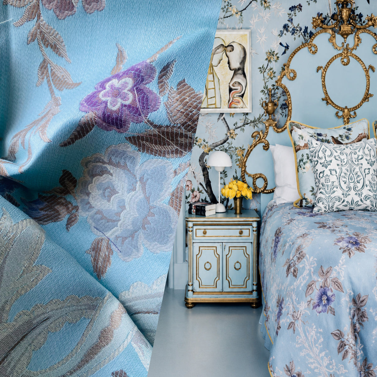 NEW Queen Marionette Novelty Ritz Neoclassical Brocade Medallion Floral Aubusson Satin Fabric - Light Blue