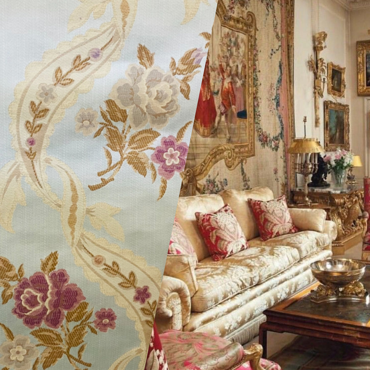 NEW Queen Marionette Novelty Ritz Neoclassical Brocade Medallion Floral Aubusson Satin Fabric - Ivory - Fancy Styles Fabric Pierre Frey Lee Jofa Brunschwig & Fils