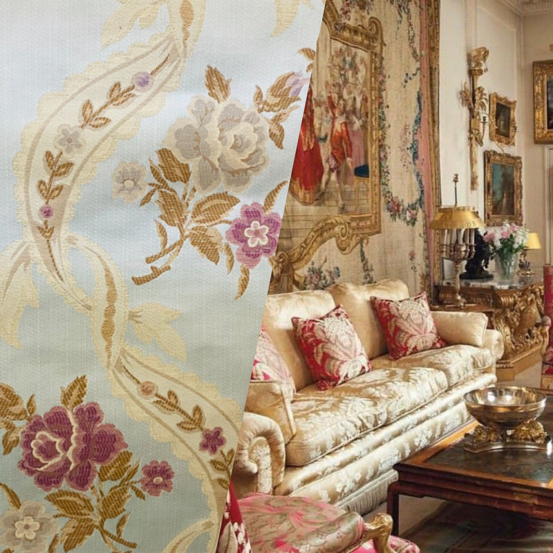 NEW Queen Marionette Novelty Ritz Neoclassical Brocade Medallion Floral Aubusson Satin Fabric - Ivory - Fancy Styles Fabric Pierre Frey Lee Jofa Brunschwig & Fils