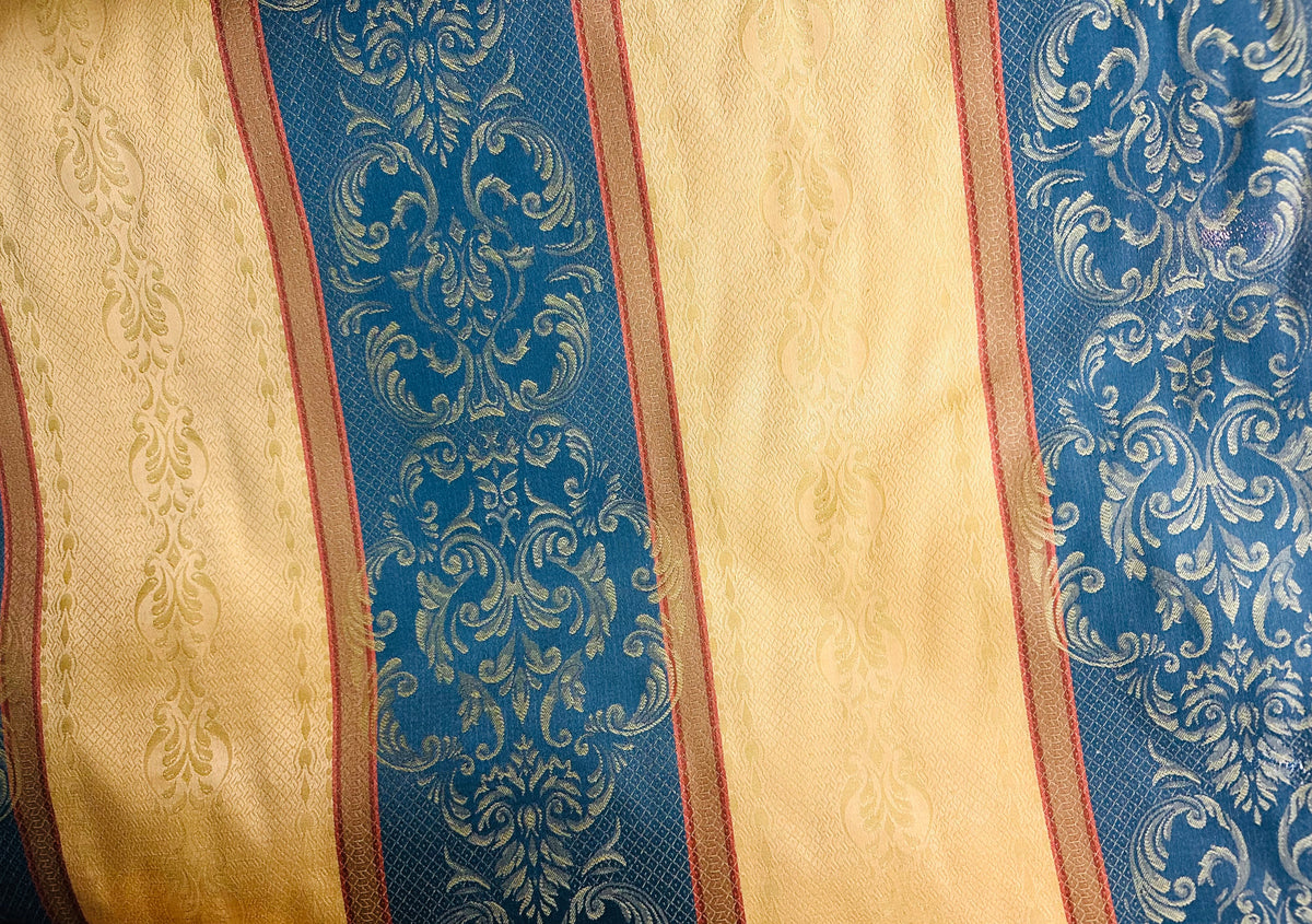 NEW! SALE! Duke Sebastia Designer Brocade Satin Fabric- French Blue Yellow Stripe- Drapery Upholstery - Fancy Styles Fabric Pierre Frey Lee Jofa Brunschwig & Fils