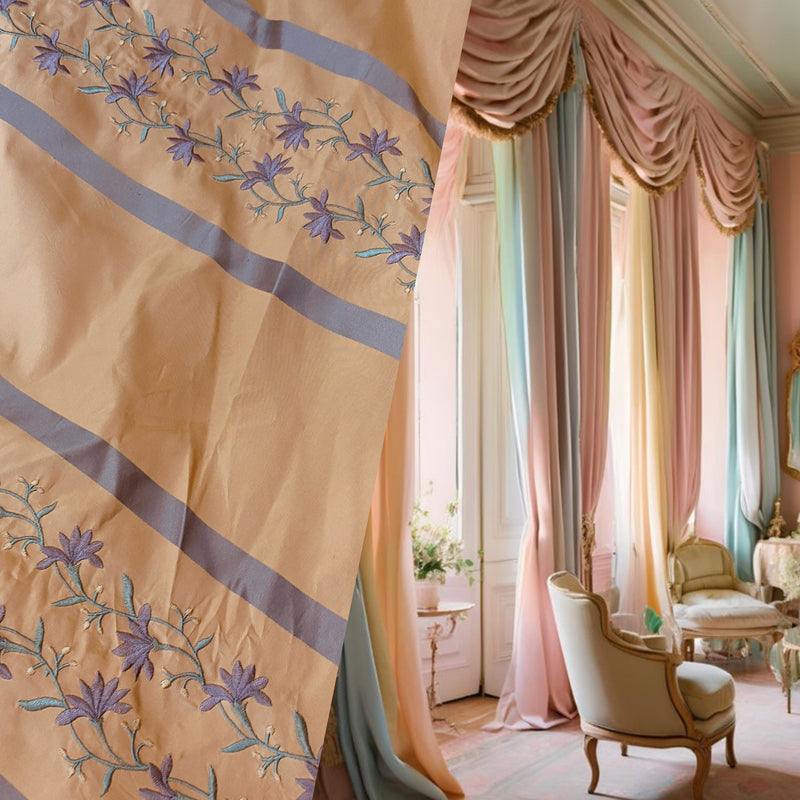 NEW Duchess Adele Designer 100% Silk Taffeta Ribbon Stripe Embroidered Floral Fabric in Peach and Lavender