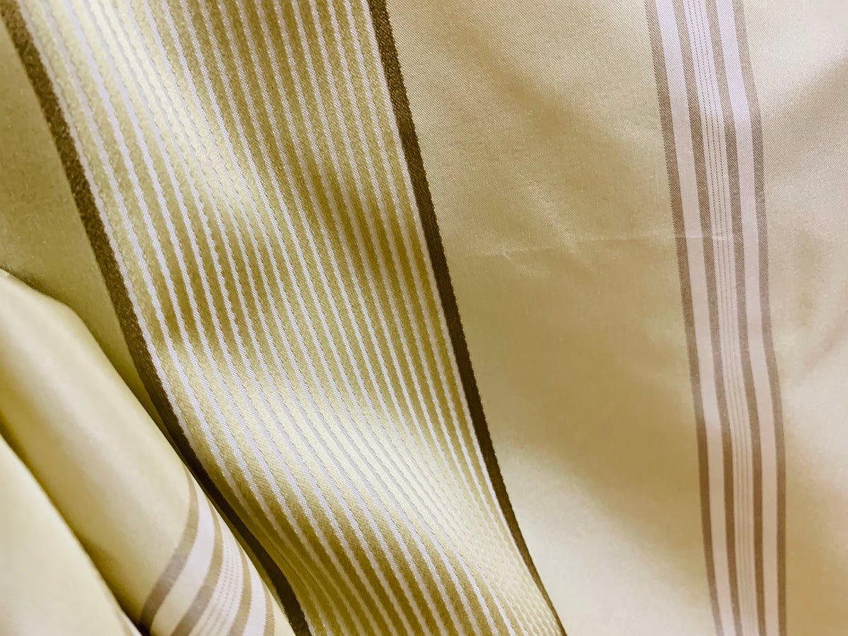 Lady Gretta 100% Silk Taffeta Ribbon Stripes Fabric - Pistachio Green and Gold - Fancy Styles Fabric Pierre Frey Lee Jofa Brunschwig & Fils