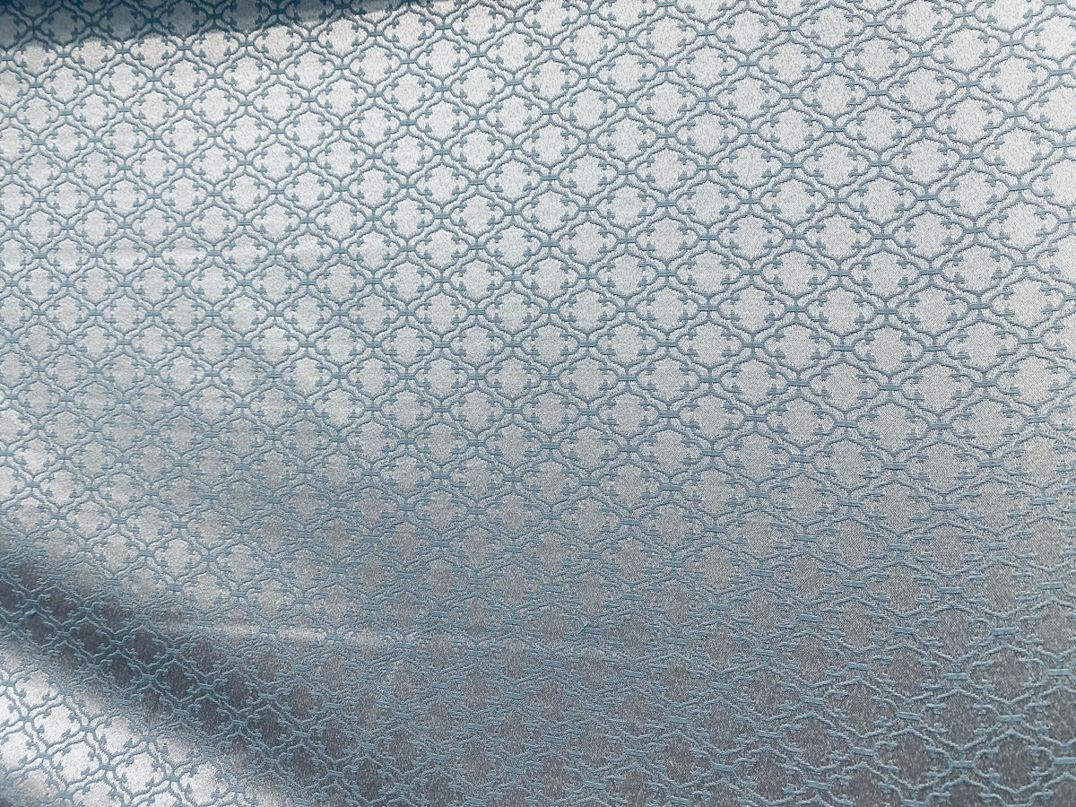 NEW Prince Lenmar Antique Inspired Eggshell Silver Blue Satin Geometric Upholstery Fabric - Fancy Styles Fabric Pierre Frey Lee Jofa Brunschwig & Fils