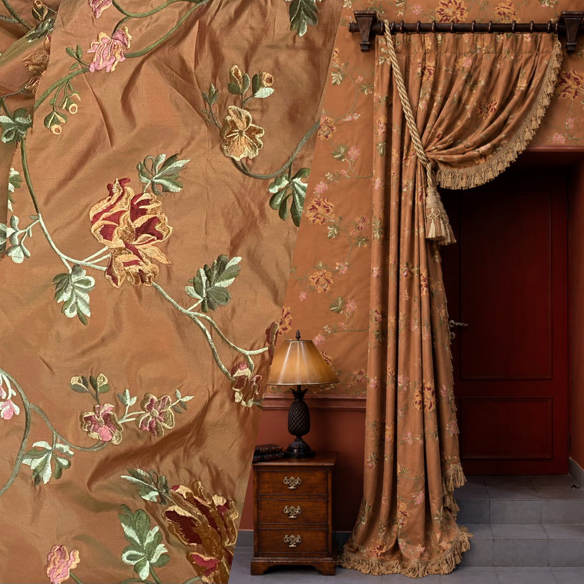 Princess Carey 100% Silk Taffeta Embroidered Floral Fabric - Salmon