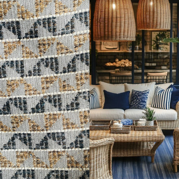 New! SUNBRELLA Taupe and Indigo Blue Boucle Waterproof Indoor Outdoor Upholstery Fabric - Fancy Styles Fabric Pierre Frey Lee Jofa Brunschwig & Fils