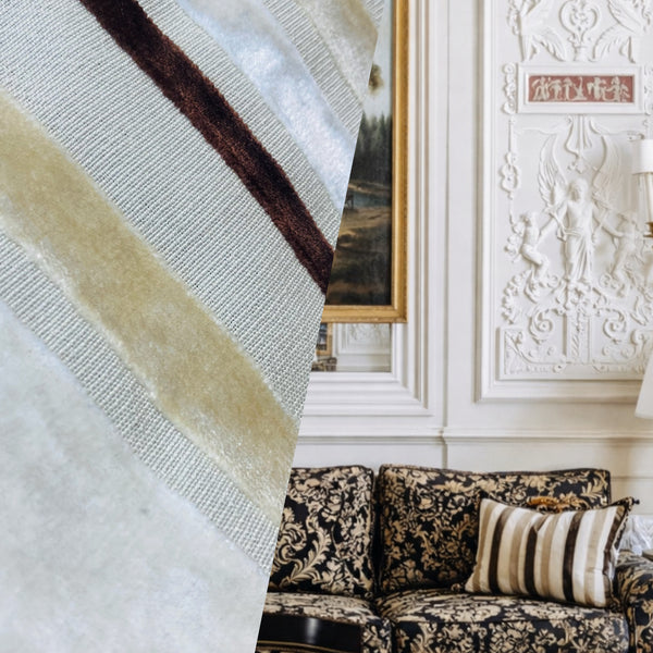 NEW Lady Matide Designer Upholstery Stripe Velvet  Fabric -Brown Cream Beige - Fancy Styles Fabric Pierre Frey Lee Jofa Brunschwig & Fils