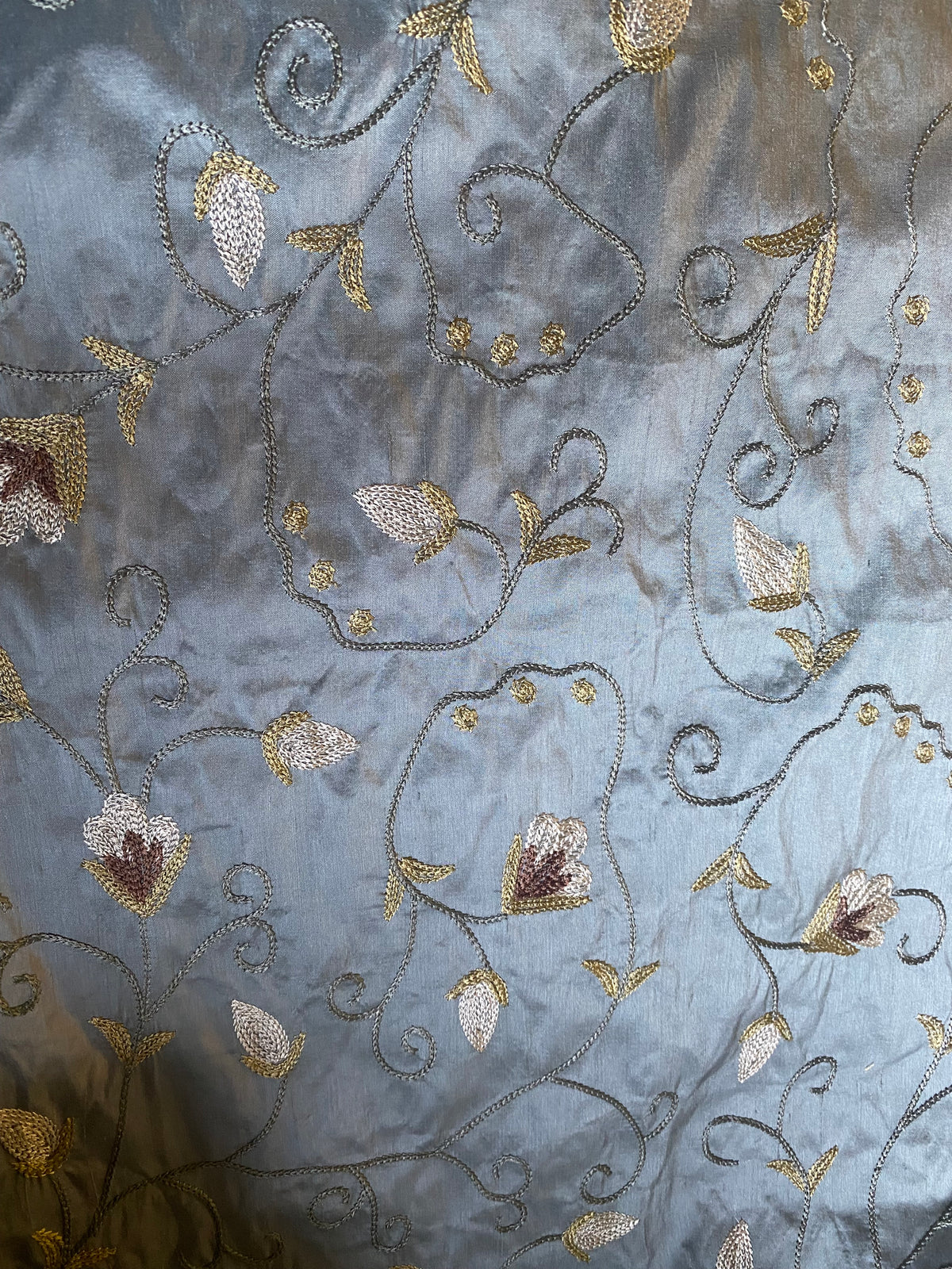 NEW Princess Primrose 100% Silk Dupioni Fabric With Crewel Floral Embroidery- Blue - Fancy Styles Fabric Pierre Frey Lee Jofa Brunschwig & Fils