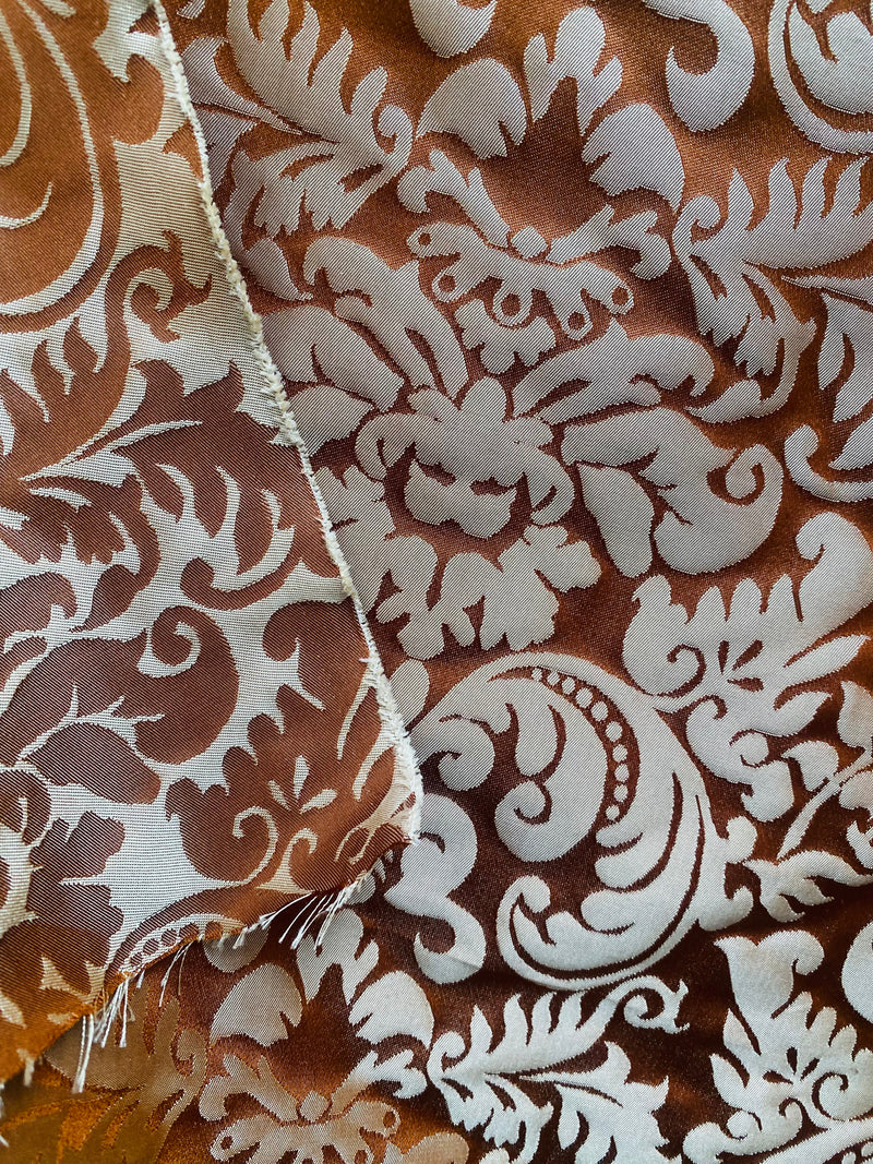 NEW Queen Lauper 100% Silk Jacquard Novelty Neoclassical Floral Damask Matte Satin Brick Red and Gold Jacquard Drapery Fabric
