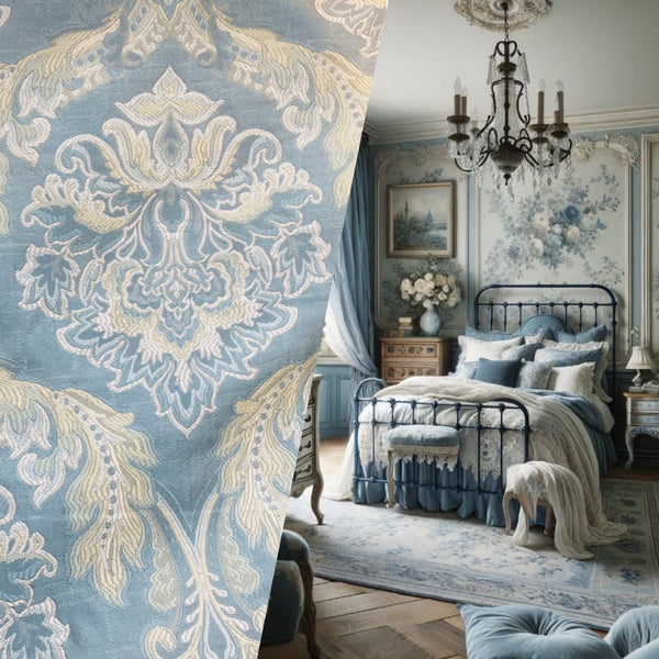 NEW! King Jegeus Designer Quilted Brocade Damask Upholstery Fabric- French Blue - Fancy Styles Fabric Pierre Frey Lee Jofa Brunschwig & Fils