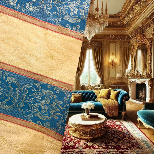 NEW! SALE! Duke Sebastia Designer Brocade Satin Fabric- French Blue Yellow Stripe- Drapery Upholstery - Fancy Styles Fabric Pierre Frey Lee Jofa Brunschwig & Fils