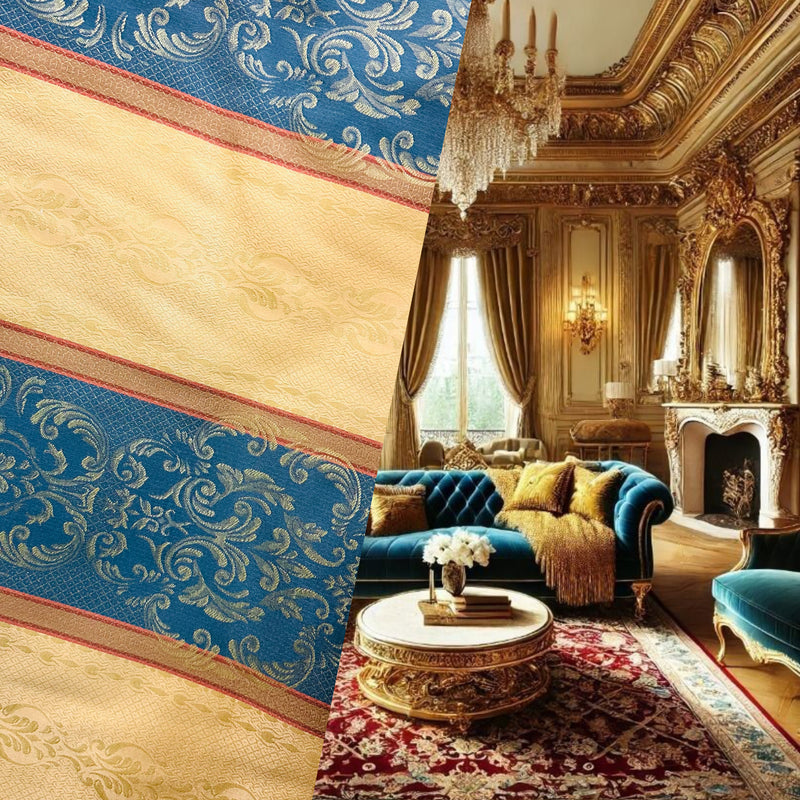 NEW! SALE! Duke Sebastia Designer Brocade Satin Fabric- French Blue Yellow Stripe- Drapery Upholstery