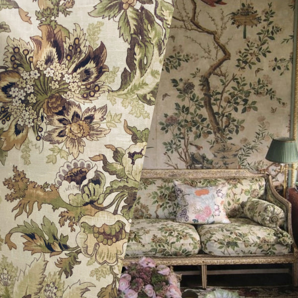 NEW! Prince Jeppa Novelty 100% Linen Fabric Floral - Green and Natural - Fancy Styles Fabric Pierre Frey Lee Jofa Brunschwig & Fils