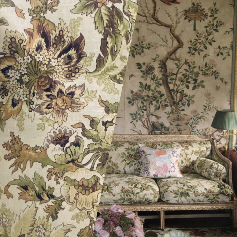 NEW! Prince Jeppa Novelty 100% Linen Fabric Floral - Green and Natural - Fancy Styles Fabric Pierre Frey Lee Jofa Brunschwig & Fils