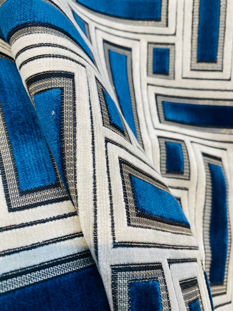 NEW! Duchess Adalyn Novelty Italian Burnout Geometric Chenille Upholstery Velvet Fabric - Royal Blue BTY