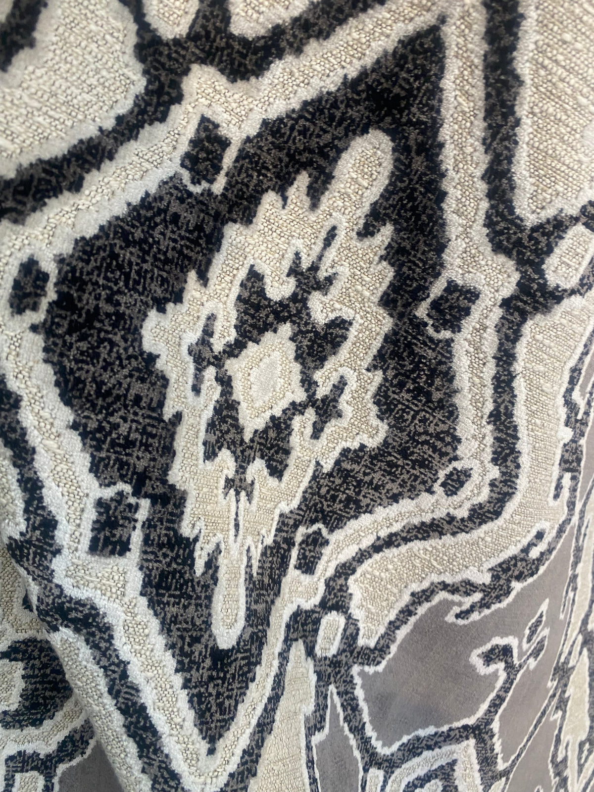 King Chantrel Designer Medallion Damask Velvet Fabric Upholstery-Dark Grey, Black and White - Fancy Styles Fabric Pierre Frey Lee Jofa Brunschwig & Fils