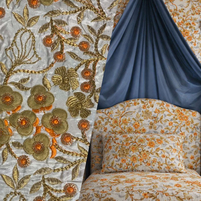 NEW! Queen Riverry Novelty 100% Silk Embroidered Floral Fabric - Light Blue - Fancy Styles Fabric Pierre Frey Lee Jofa Brunschwig & Fils