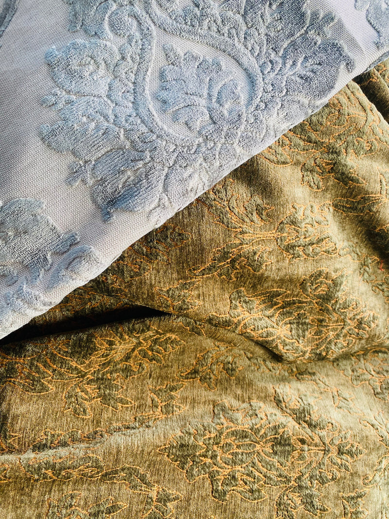 App Sale: $16 Mystery Bundle Fabric 820- 1.75 Yards Olive Green Damask Velvet + Small Remnant of Grey Damask Velvet