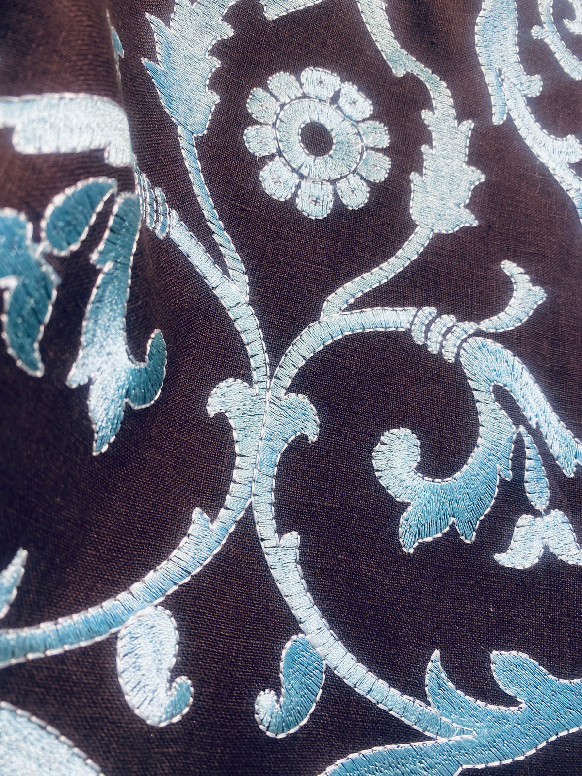 NEW! Duchess Dahlia Novelty Belgium Imported 100% Linen Embroidered Medallion Fabric Chocolate Brown and Light Blue - Fancy Styles Fabric Pierre Frey Lee Jofa Brunschwig & Fils