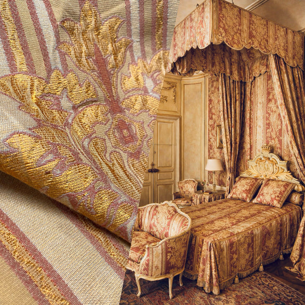 NEW Queen Marion Novelty Ritz Neoclassical Brocade Medallion Striped Jacquard Satin Fabric - Made in Italy - Gold Red Beige- Style# HG10001 - Fancy Styles Fabric Pierre Frey Lee Jofa Brunschwig & Fils
