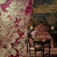 NEW! King Sante 100% Silk Satin Novelty Jacquard Damask Fabric- Red and Gold - Fancy Styles Fabric Pierre Frey Lee Jofa Brunschwig & Fils
