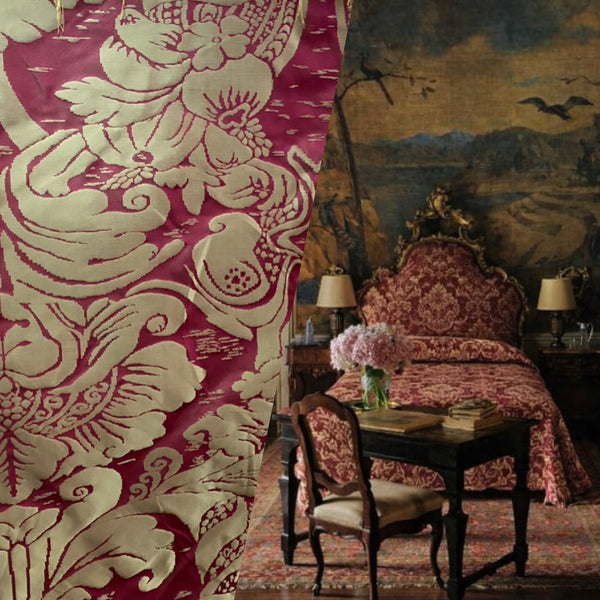 NEW! King Sante 100% Silk Satin Novelty Jacquard Damask Fabric- Red and Gold - Fancy Styles Fabric Pierre Frey Lee Jofa Brunschwig & Fils