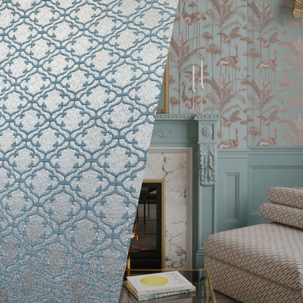 NEW Prince Lenmar Antique Inspired Eggshell Silver Blue Satin Geometric Upholstery Fabric - Fancy Styles Fabric Pierre Frey Lee Jofa Brunschwig & Fils