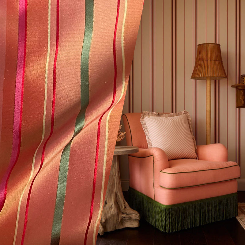 NEW Duchess Thalia 100% Silk Taffeta Ribbon Stripes Fabric - Salmon Pink & Green - Fancy Styles Fabric Pierre Frey Lee Jofa Brunschwig & Fils