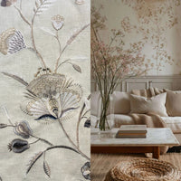 NEW! Lady Celina Novelty Embroidered 100% Cotton Fabric Taupe Natural and Cream - Fancy Styles Fabric Pierre Frey Lee Jofa Brunschwig & Fils