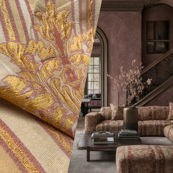 NEW Queen Marion Novelty Ritz Neoclassical Brocade Medallion Striped Jacquard Satin Fabric - Made in Italy - Gold Red Beige- Style# HG10001 - Fancy Styles Fabric Pierre Frey Lee Jofa Brunschwig & Fils