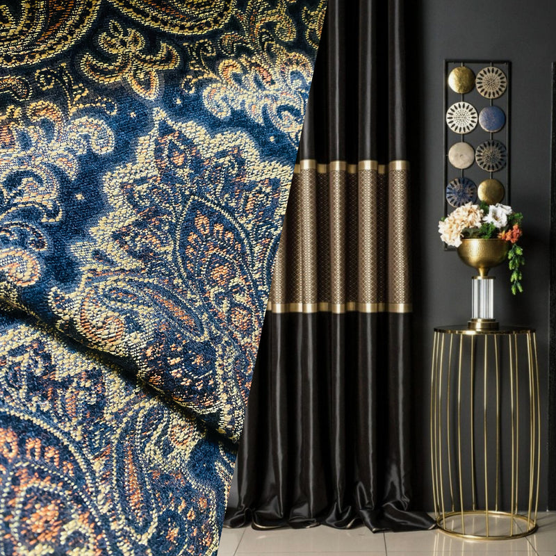 NEW Queen Janey Designer Kilim Rug Inspired Damask Chenille Upholstery Fabric - Black