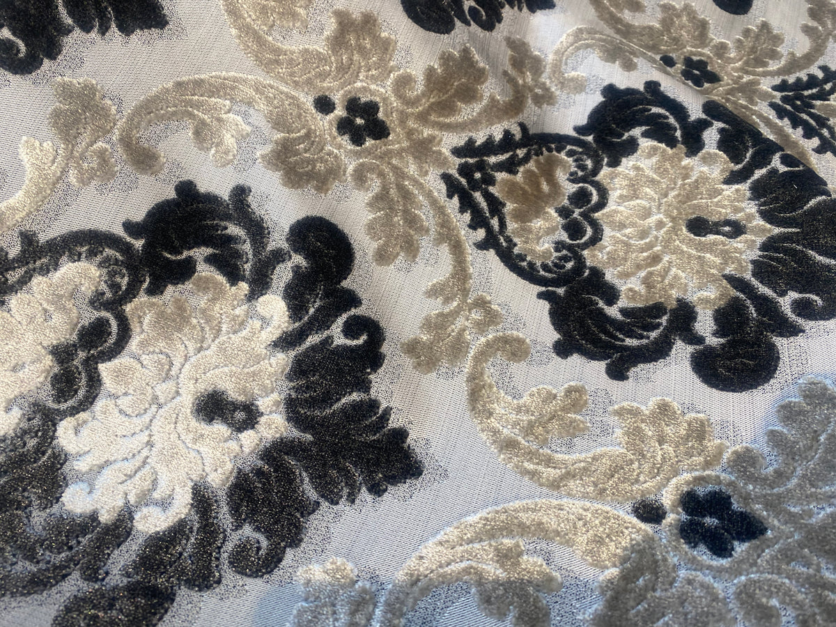 King Dalton Designer Medallion Damask Velvet Fabric Upholstery-Black Grey - Fancy Styles Fabric Pierre Frey Lee Jofa Brunschwig & Fils