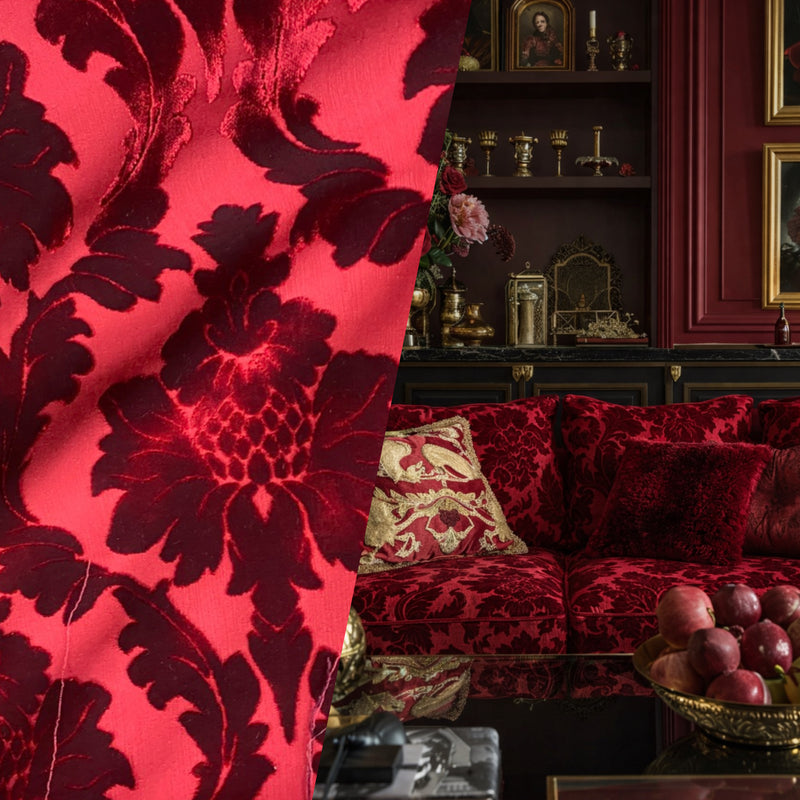 NEW! Prince Jasper - Designer Italian Venetian Burnout Damask Cut Velvet Red Fabric Upholstery - Fancy Styles Fabric Pierre Frey Lee Jofa Brunschwig & Fils