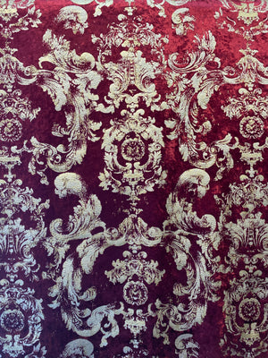 NEW COLOR! Queen Renee Burnout Antique Inspired Velvet Fabric Burgundy & Gold - Fancy Styles Fabric Pierre Frey Lee Jofa Brunschwig & Fils