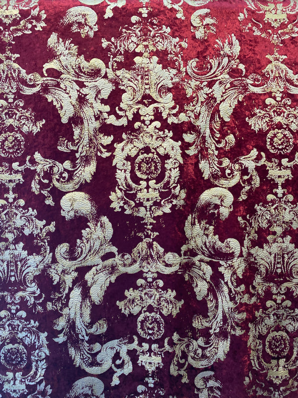 NEW COLOR! Queen Renee Burnout Antique Inspired Velvet Fabric Burgundy & Gold - Fancy Styles Fabric Pierre Frey Lee Jofa Brunschwig & Fils