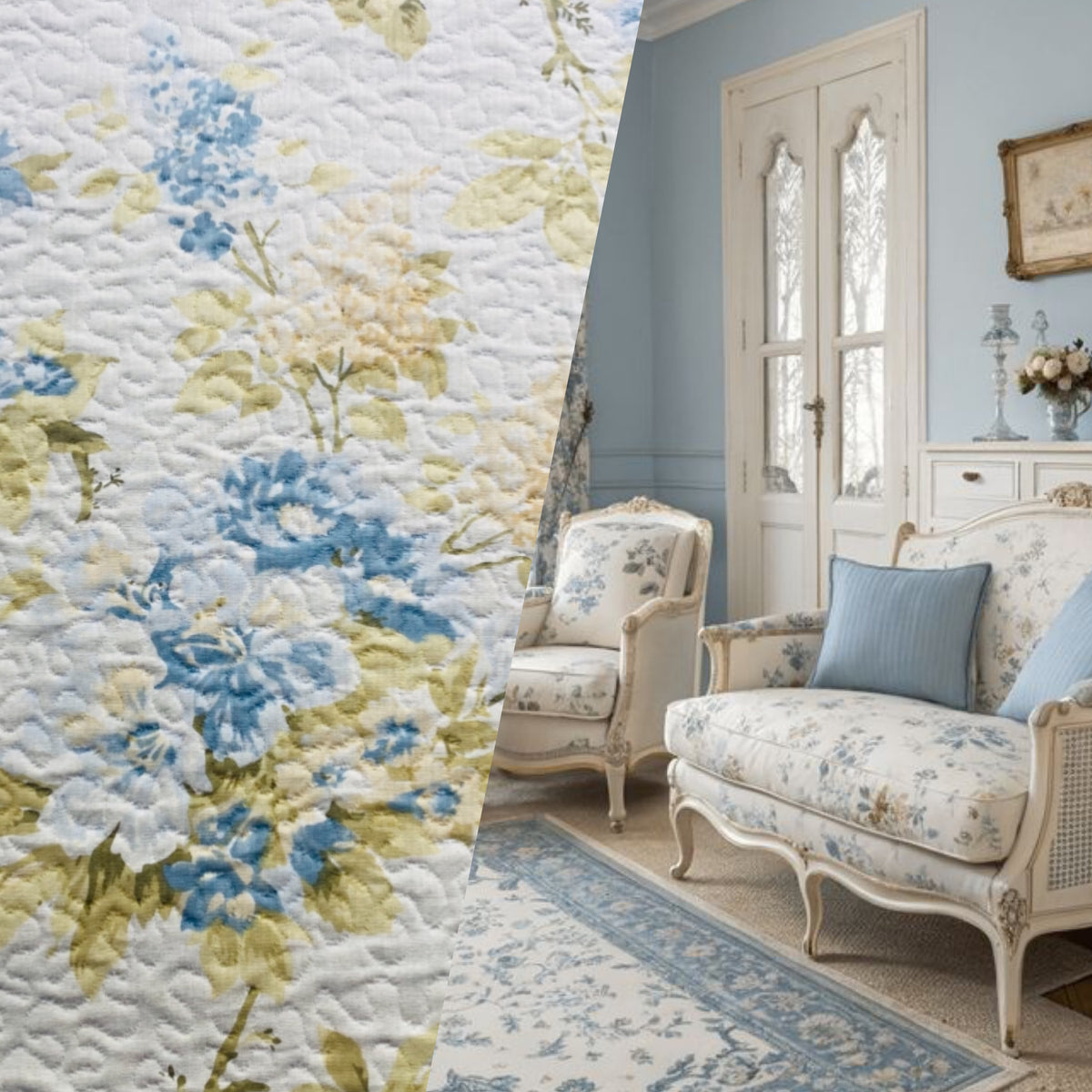 NEW Sale! Queen Leticia Quilted Blanket Fabric Imported from Italy- Upholstery & Drapery- Blue Melange - Fancy Styles Fabric Pierre Frey Lee Jofa Brunschwig & Fils