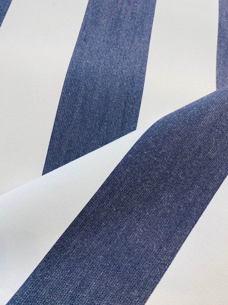 NEW Lady Jacqueline Faded Navy Waterproof Decorating Fabric - 3” Navy And White Stripes - Upholstery 55” Wide