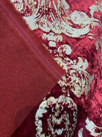 NEW COLOR! Queen Renee Burnout Antique Inspired Velvet Fabric Burgundy & Gold - Fancy Styles Fabric Pierre Frey Lee Jofa Brunschwig & Fils