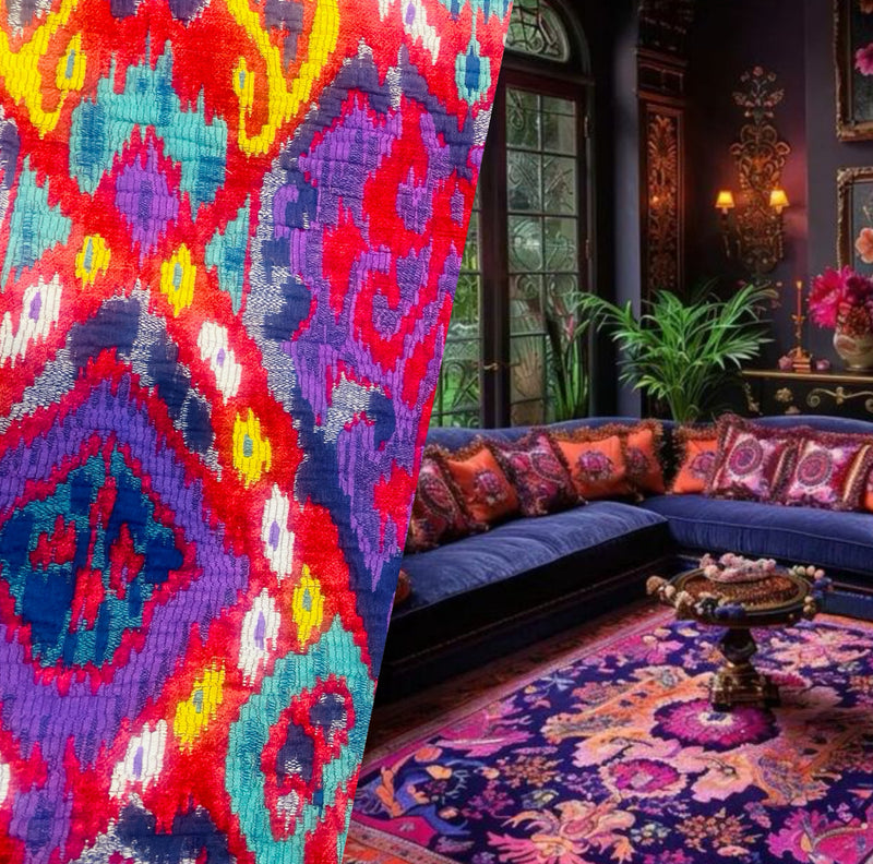 NEW Queen Shila Upholstery Tribal Velvet Fabric Imported from Belgium- Red Purple Melange