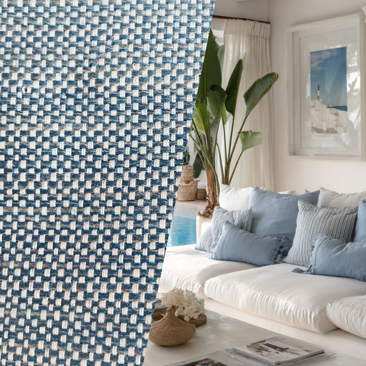 New! SUNBRELLA Blue White Melange Linen Inspired Waterproof Indoor Outdoor Upholstery Fabric - Fancy Styles Fabric Pierre Frey Lee Jofa Brunschwig & Fils