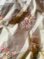 App Sale: Queen Lamara 100% Silk Taffeta Gold with Floral Embroidery Fabric and Satin Ribbon Stripes