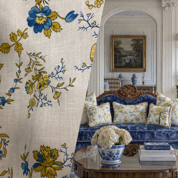 NEW! Queen Flaherty Novelty 100% Linen Fabric Floral - Natural and Blue - Fancy Styles Fabric Pierre Frey Lee Jofa Brunschwig & Fils