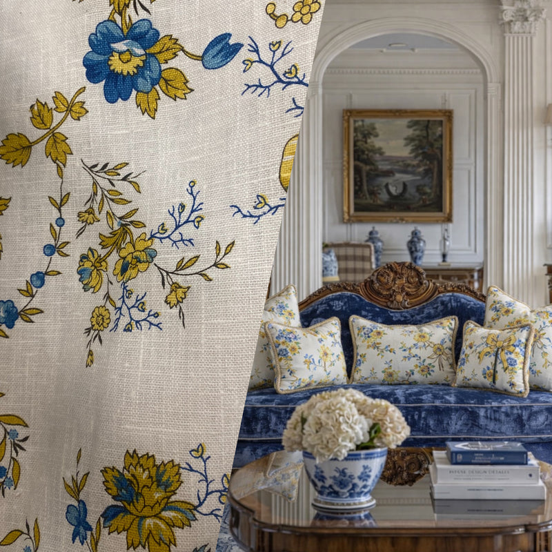 NEW! Queen Flaherty Novelty 100% Linen Fabric Floral - Natural and Blue - Fancy Styles Fabric Pierre Frey Lee Jofa Brunschwig & Fils