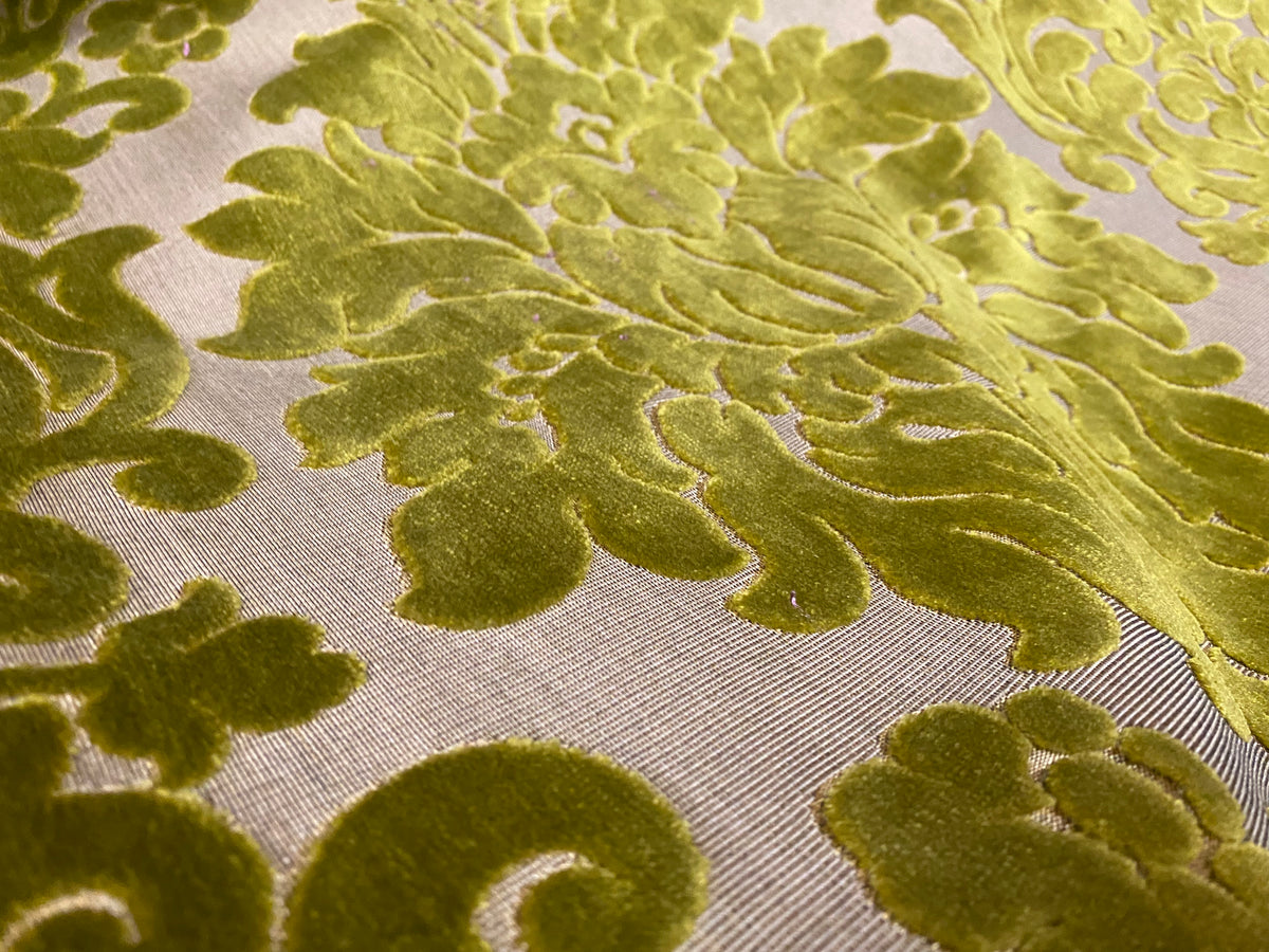 NEW! Princess Perma - LARGE REPEAT- Designer Italian Venetian Burnout Damask Velvet Yellow-Lime Chartreuse Fabric Upholstery - Fancy Styles Fabric Pierre Frey Lee Jofa Brunschwig & Fils