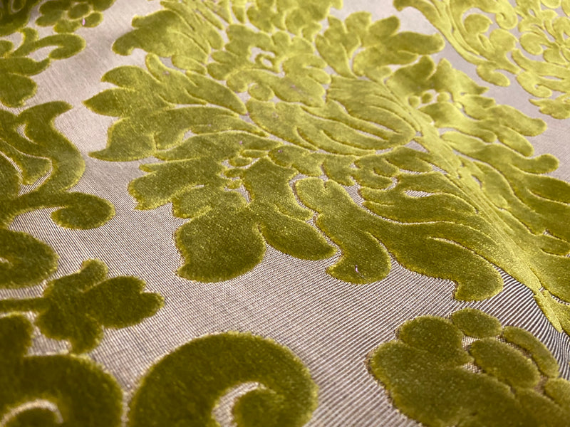 NEW! Princess Perma - LARGE REPEAT- Designer Italian Venetian Burnout Damask Velvet Yellow-Lime Chartreuse Fabric Upholstery - Fancy Styles Fabric Pierre Frey Lee Jofa Brunschwig & Fils