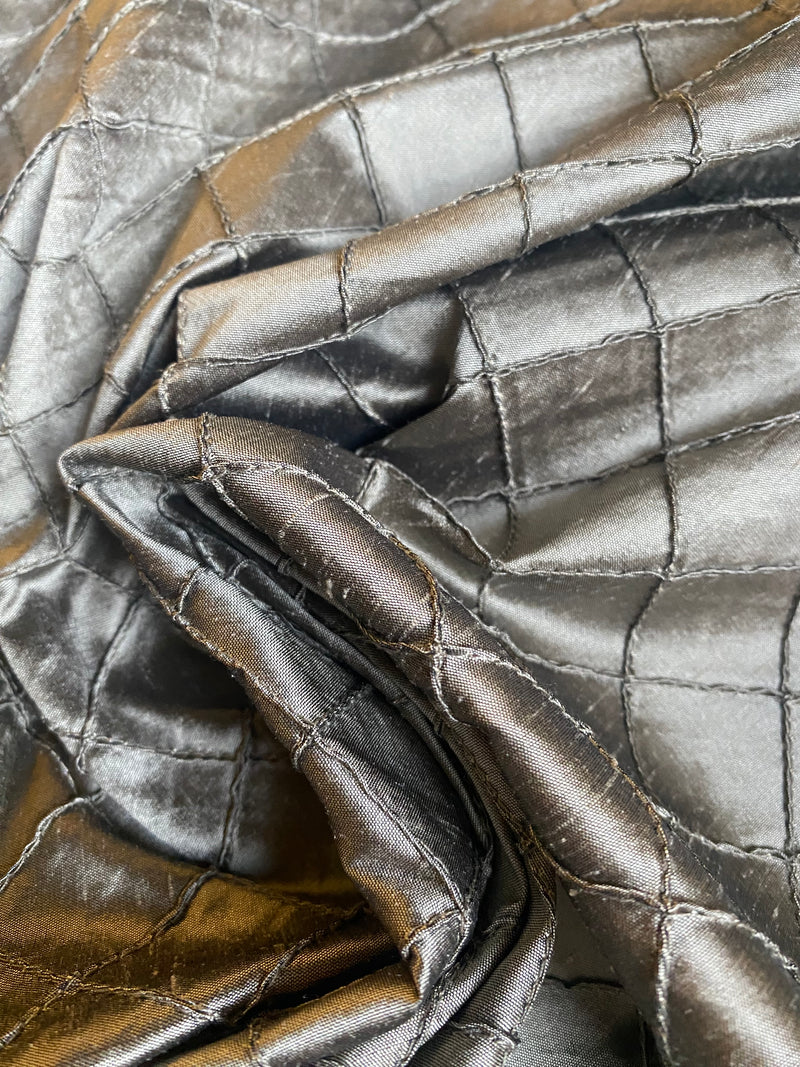 App Sale: Lady Morgan 100% Silk Dupioni Pintuck Diamond Pewter Fabric- Pewter