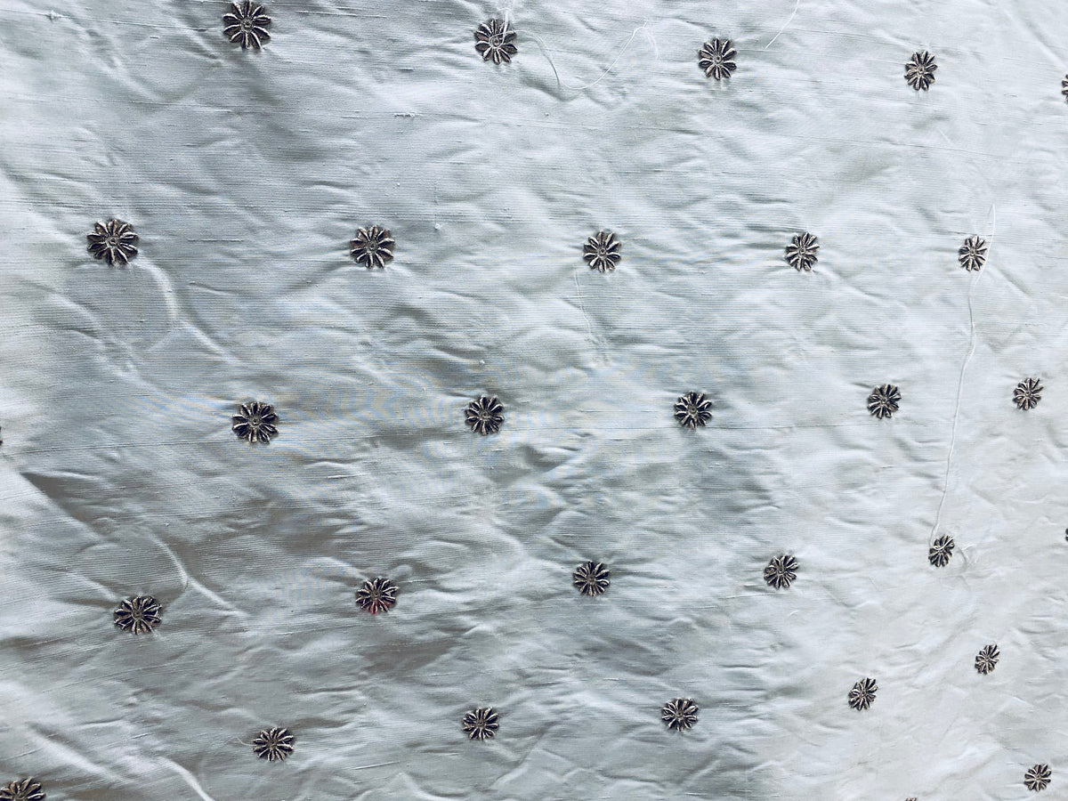 NEW! SALE! Lady Margaret 100% Silk Dupioni Taffeta Fabric- Velvet Grey Embroidery Floral -Light Blue - Fancy Styles Fabric Pierre Frey Lee Jofa Brunschwig & Fils