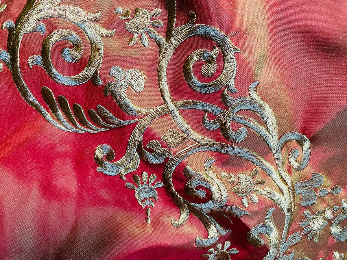 NEW Queen Challance 100% Silk Taffeta Fabric - Embroidered- Fire Red Iridescence - Fancy Styles Fabric Pierre Frey Lee Jofa Brunschwig & Fils