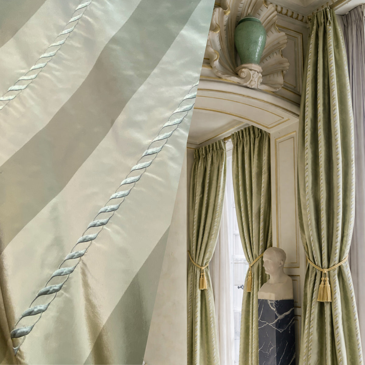 NEW Queen Marla 100% Silk Taffeta Embroidered Stripes Fabric - Pistachio Green - Fancy Styles Fabric Pierre Frey Lee Jofa Brunschwig & Fils