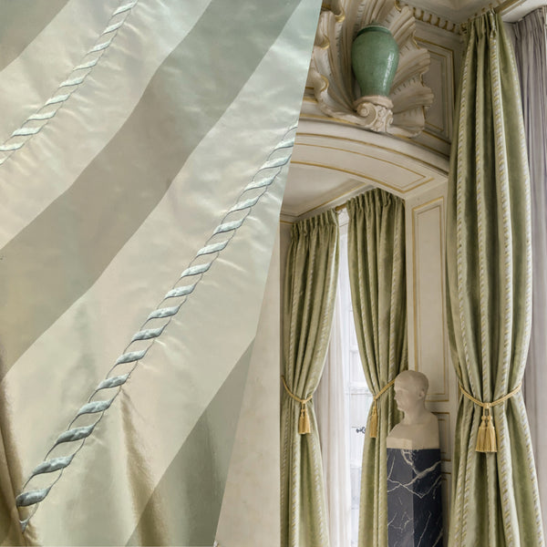 NEW Queen Marla 100% Silk Taffeta Embroidered Stripes Fabric - Pistachio Green - Fancy Styles Fabric Pierre Frey Lee Jofa Brunschwig & Fils