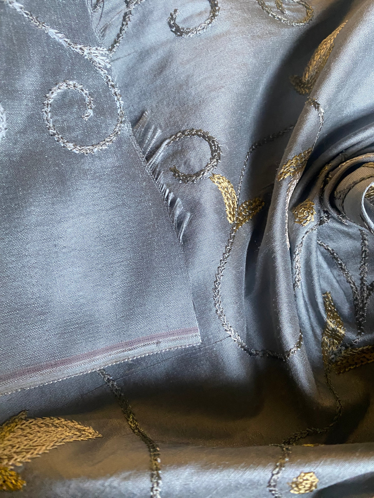 NEW Princess Primrose 100% Silk Dupioni Fabric With Crewel Floral Embroidery- Blue - Fancy Styles Fabric Pierre Frey Lee Jofa Brunschwig & Fils
